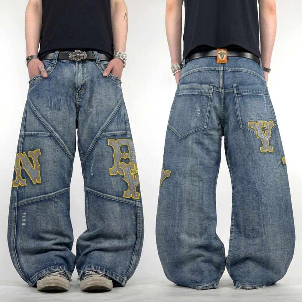 Vintage y2k grunge embroidered rare distressed baggy faded jeans